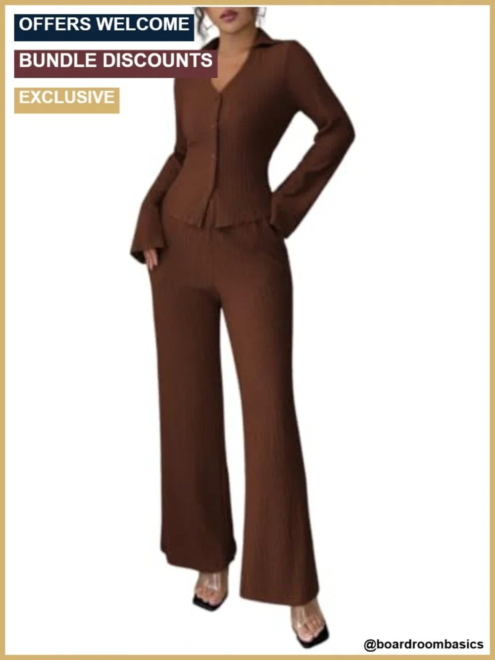 Women's Two Piece Lounge Set Collared Button Top Wide Leg Pants